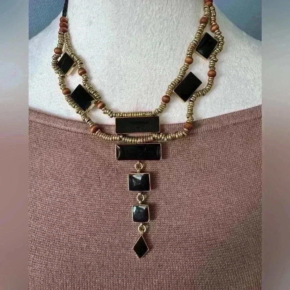 NWT Free People Lately Necklace Black Gold Boho 🖤💛